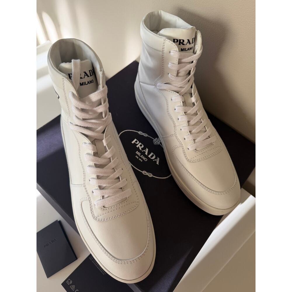 Prada White Sneakers Vitello High Top Leather Trainers Size 41 100% Authentic - Picture 3 of 12